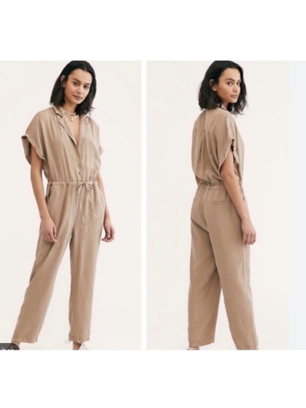 Free People Lottie Jumpsuit M  Tan Neutral Drawstring Waist Straight Leg